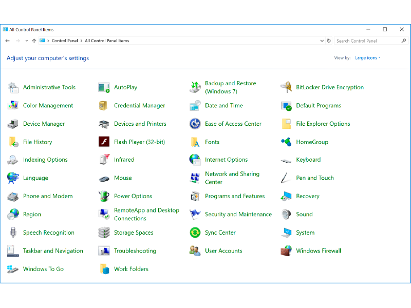 control panel, figure two, windows ten